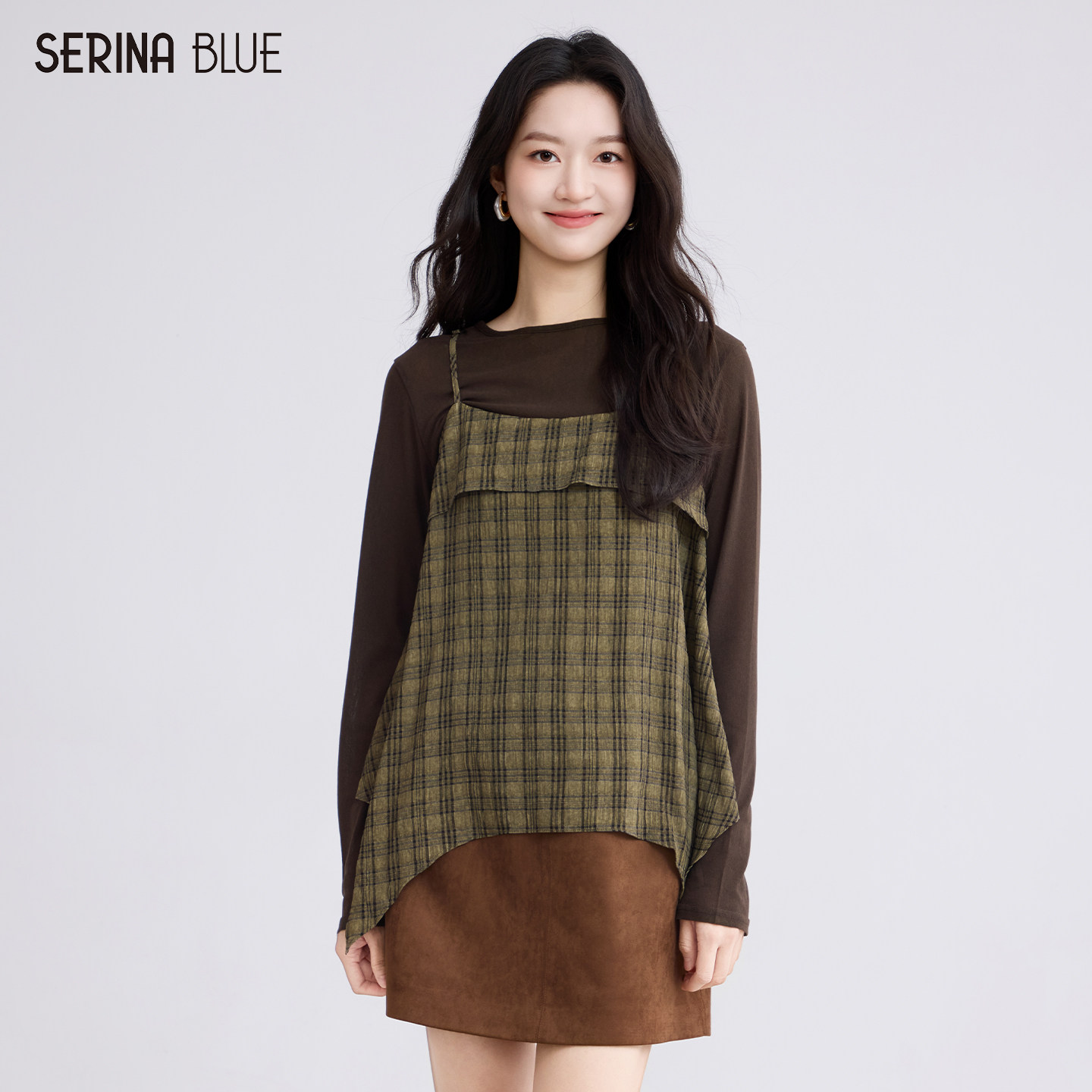 SeRina Blue2026秋季新款格纹吊带叠穿长袖T恤两件套女士休闲套装
