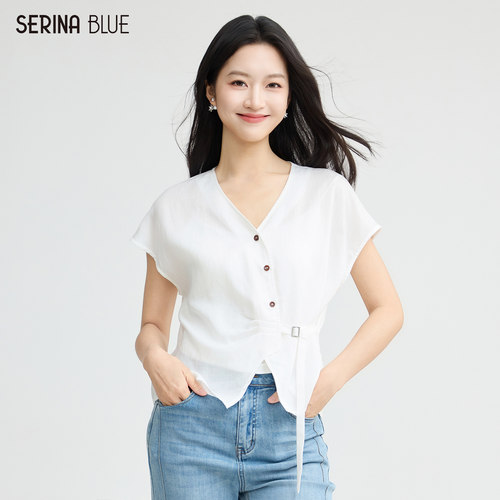 SeRinaBlue莱赛尔亚麻v领衬衫女