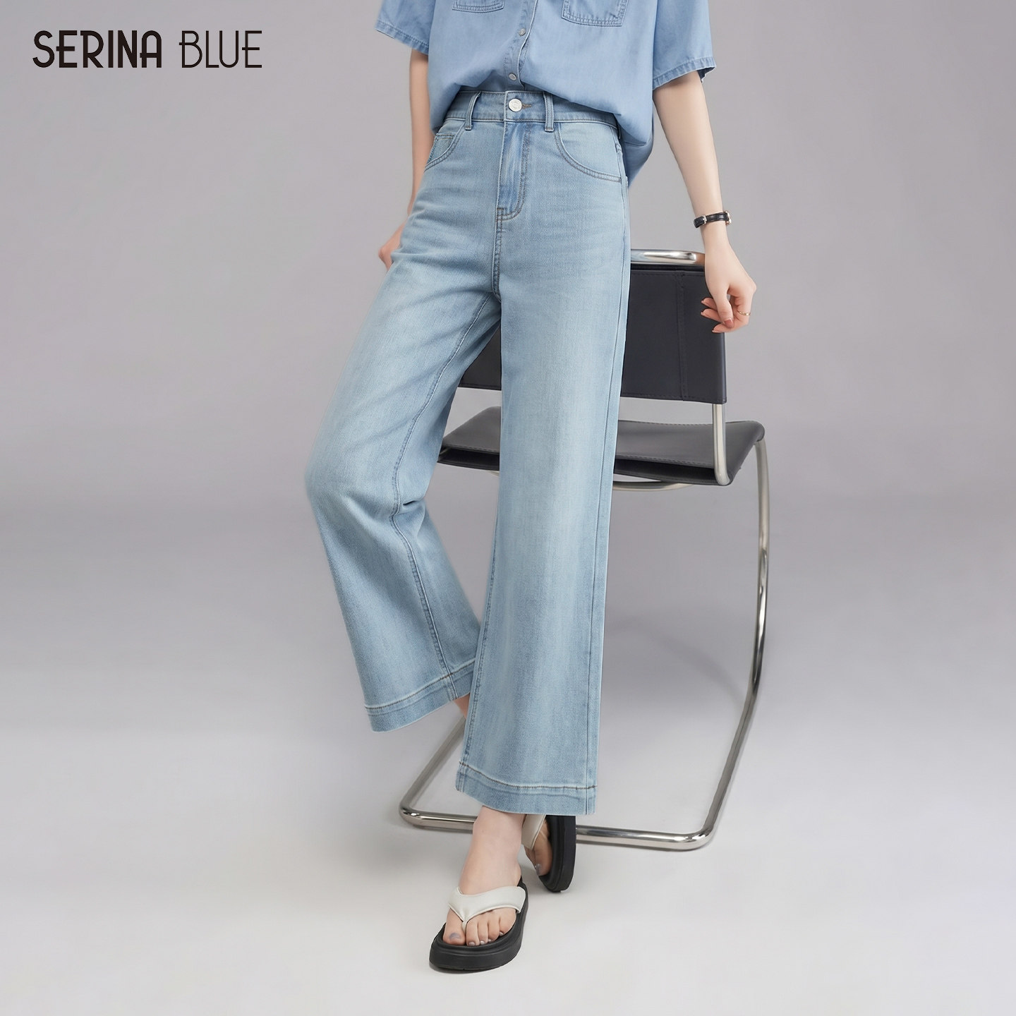 SeRinaBlue2026年夏季新款中高腰微喇牛仔裤女显瘦直筒长裤女裤子