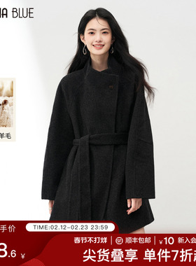 SeRinaBlue2026年秋春季新款系带100纯羊毛外套女双面呢气质大衣