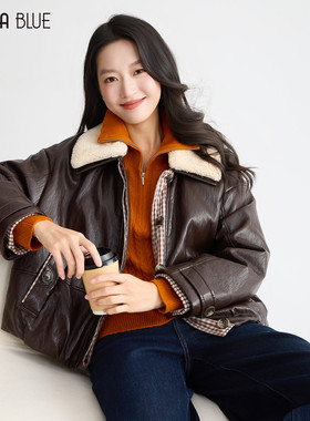 SeRina Blue商场同款2025冬季毛绒翻领皮衣短外套女廓形羽绒上衣