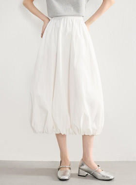 SeRina Blue2025夏季新款花苞半身裙女白色设计感高腰裙子