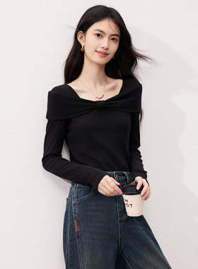 SeRina Blue2025新款法式针织蝴蝶扭结黑色修身长袖女打底衫秋t恤