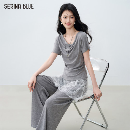 SeRinaBlue荡领t恤蕾丝女裤套装