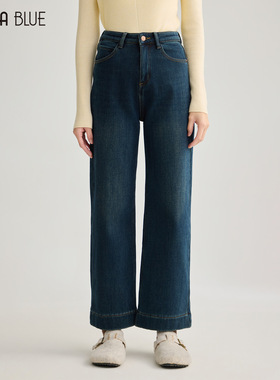 SeRina Blue商场同款冬季简约直筒蓝色高腰牛仔裤女小个子九分裤