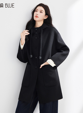SeRina Blue2025冬季新款100羊毛连帽女士年轻款双面羊毛大衣外套
