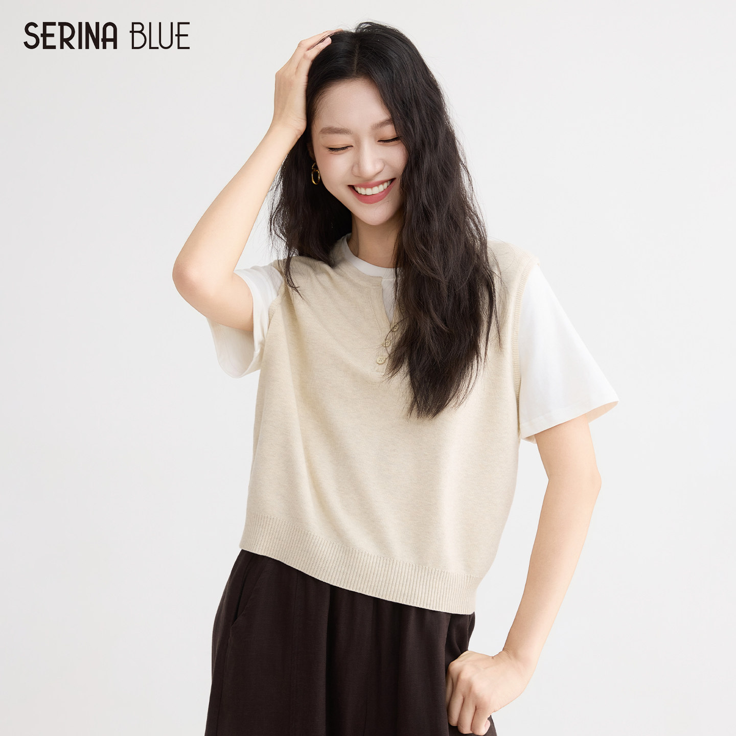 SeRina Blue商场同款2026新款休闲假两件女士短袖针织t恤上衣秋季
