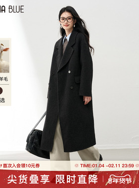 SeRina Blue2025秋季新款女士绵羊毛100中长款双面呢羊毛大衣外套