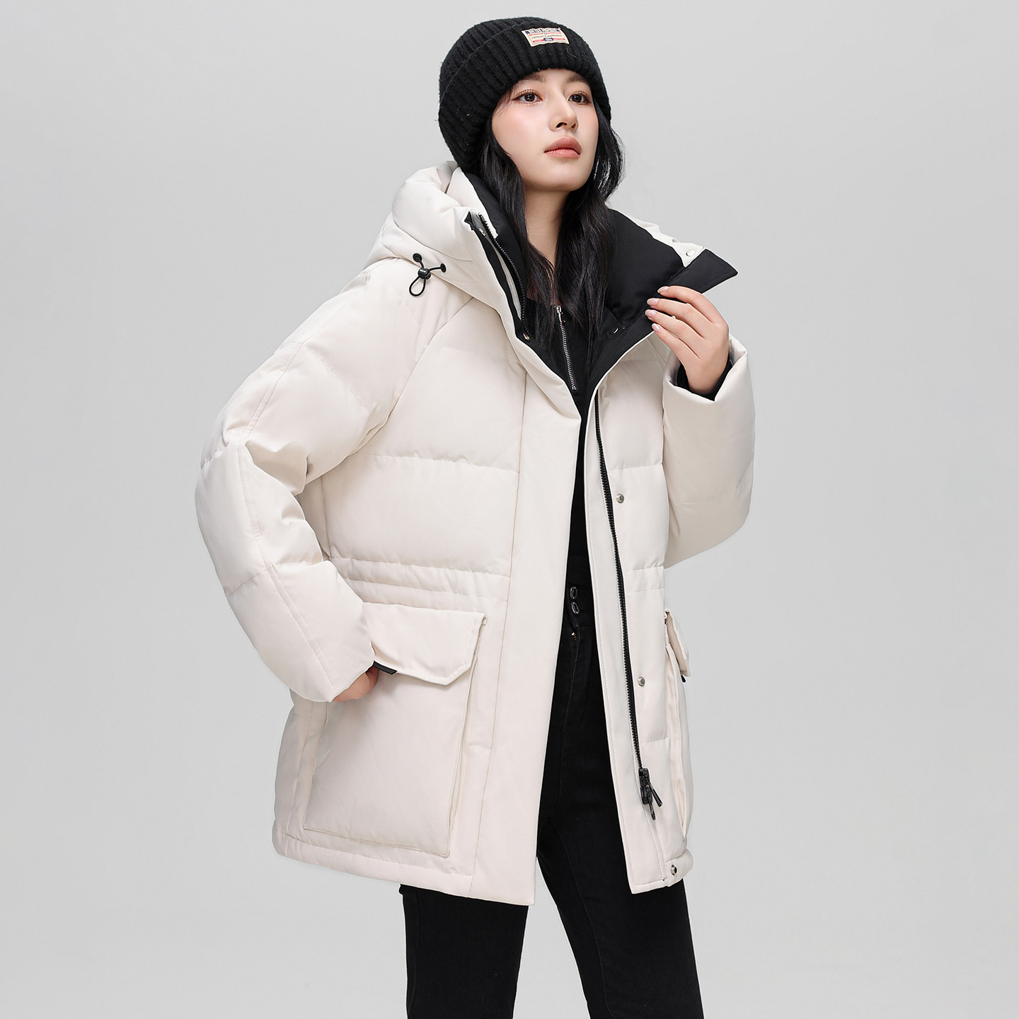 雪中飞2026冬装工装风连帽羽绒服中长款加厚保暖大口袋宽松外套女