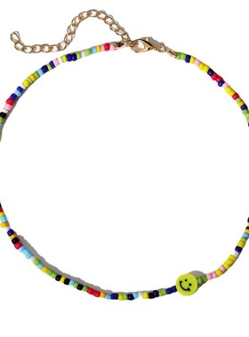 叨潮流黄色笑脸米珠项链手工时尚彩色米珠锁骨链波西米亚短款颈链