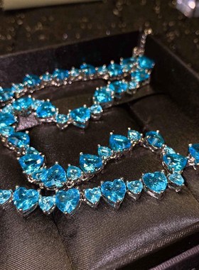 项链锆石彩色宝石女爱心链锁骨钻复古蓝色宝石新款满18k红镶嵌蓝