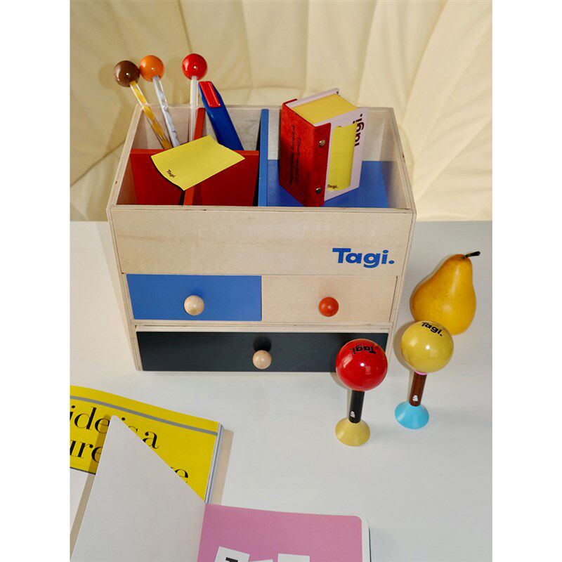 极速Tagi. 塔皮球球小木匠桌面抽屉拼色木质桌面收纳盒