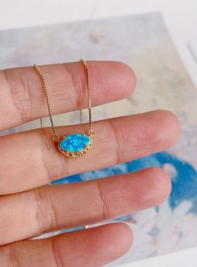 项链蛋白石欧泊镂空银花纹静谧森林橄榄形猫眼戒指蓝耳针轻奢日系