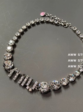 欧美m!u镶钻圆形水晶夸张字母个性项圈choker张元英款短款项链女