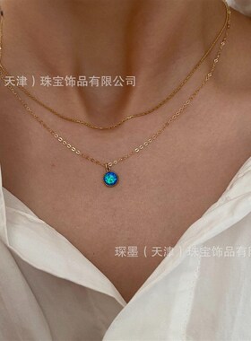 项链锁骨链欧泊金吊坠女蓝色石14k美国包气质轻奢复古小众蓝欧美