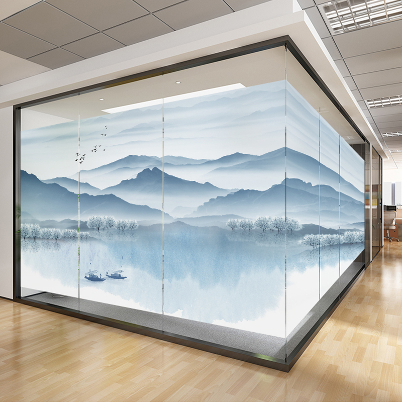 速发办静室磨透玻璃贴纸砂光不透明中式山水画窗户防偷窥公电贴膜