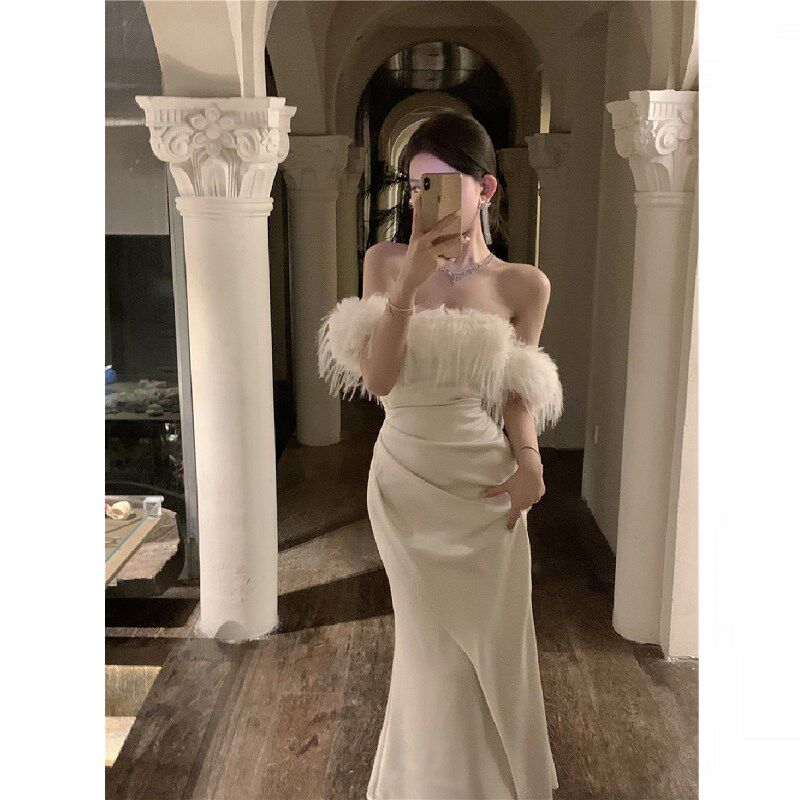 速发大码高级冬毛毛一字肩收腰抹胸连衣裙尾感气质包臀鱼秋长裙