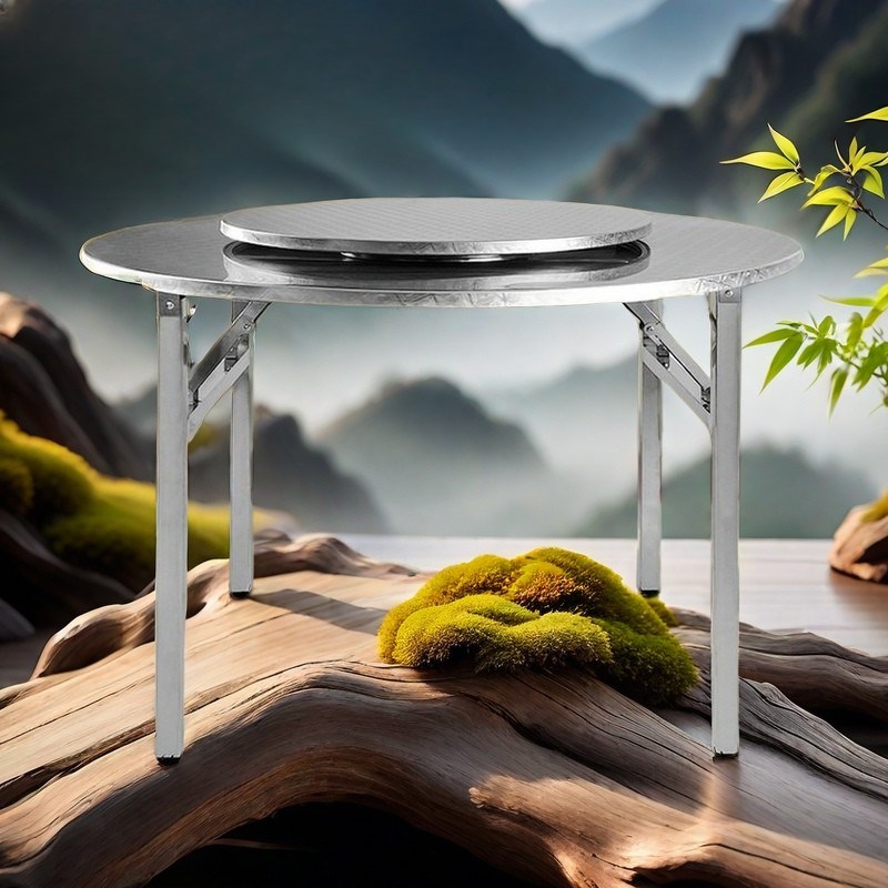 速发不厚04加锈钢折叠圆桌子转盘套装酒用家席餐桌烧烤大排档圆台