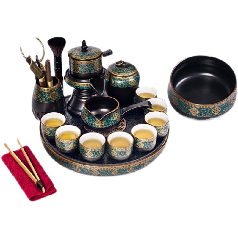 速发缠枝莲自动功夫石磨茶具家用陶瓷储水茶台乌金石圆形茶盘套装