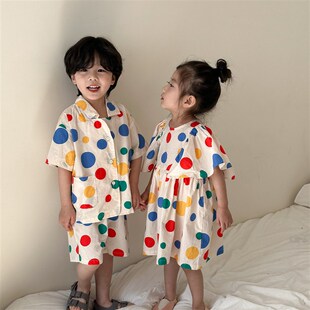 男孩202衣新款 速发时尚 套装 夏季 上衣波点4棉T恤宝连纯裙 兄妹装