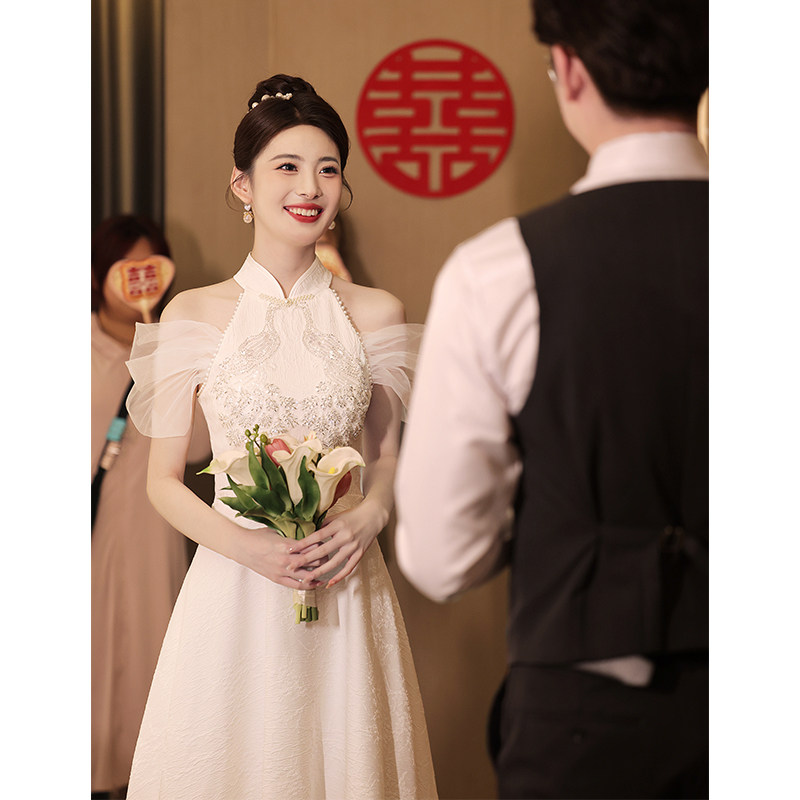 速发新可式领脖旗袍订婚礼服2025新款平时中穿挂证小个子白色新娘