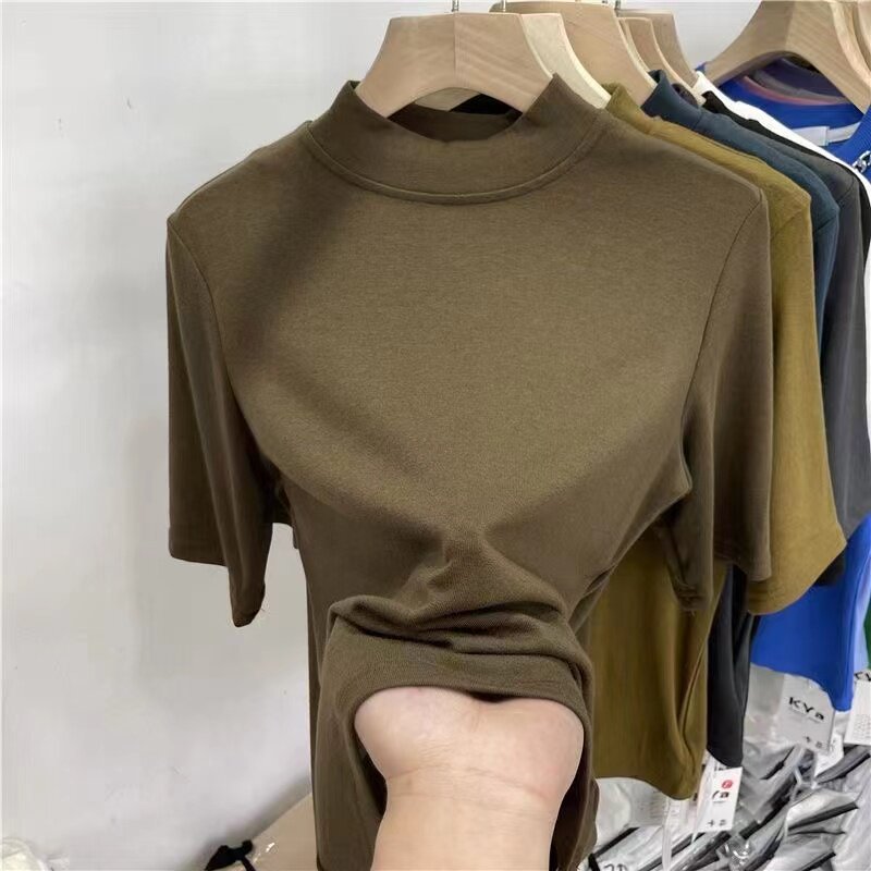速发莫代尔欧货立领大码五底袖打恤衫春秋中袖T分纯色百搭上衣