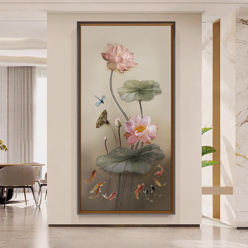 速发入户玄关装饰画挂壁竖版简约新中式轻奢荷花九鱼图纯手绘油画