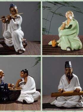 速发石湾陶缸摆件盆景配件石湾鱼瓷假山装饰品陶瓷物人摆件下