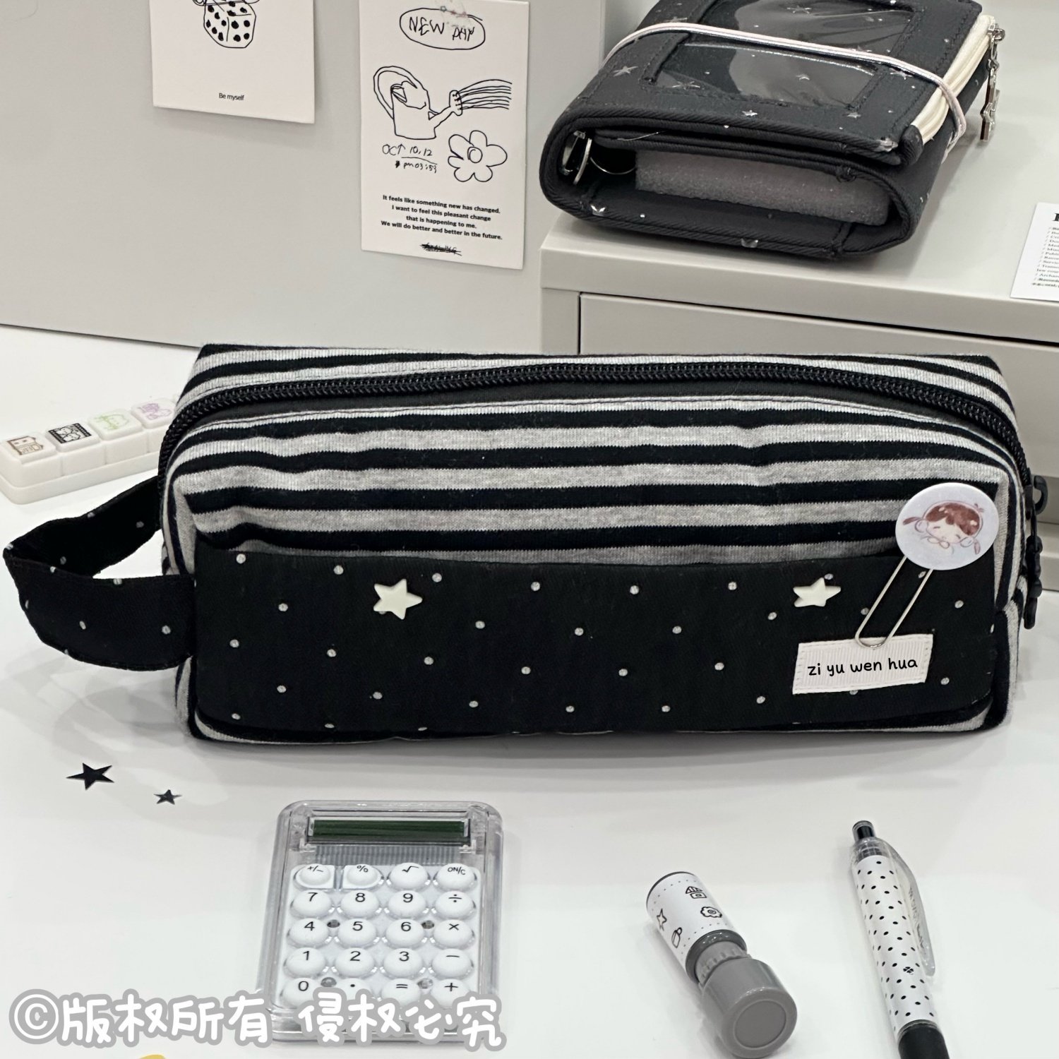 ins黑色条纹手提笔袋高颜值学生文具盒女生大容量简约小众铅笔盒