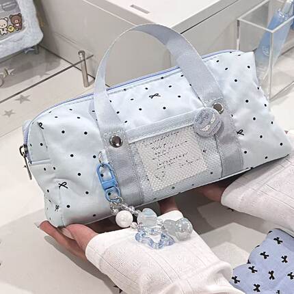 ins蓝色手提笔袋高颜值大容量学生文具盒简约铅笔盒文具袋收纳袋
