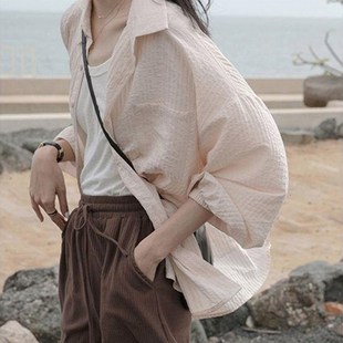 速发棉袖夏小个子防晒开衫罩衫泡泡袖宽松衬衣长款薄麻外套上衣