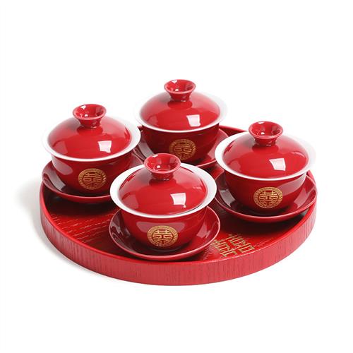 新人改口敬茶杯四个装红色茶具婚庆套装结婚敬茶碗喜事敬茶壶陪嫁