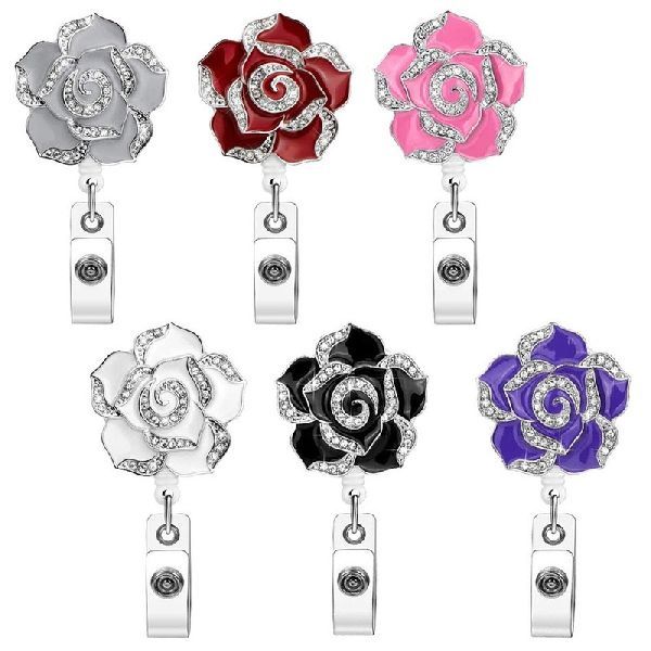 Rose Flower Diamond Badge Reel ID Card Holders Clip Name