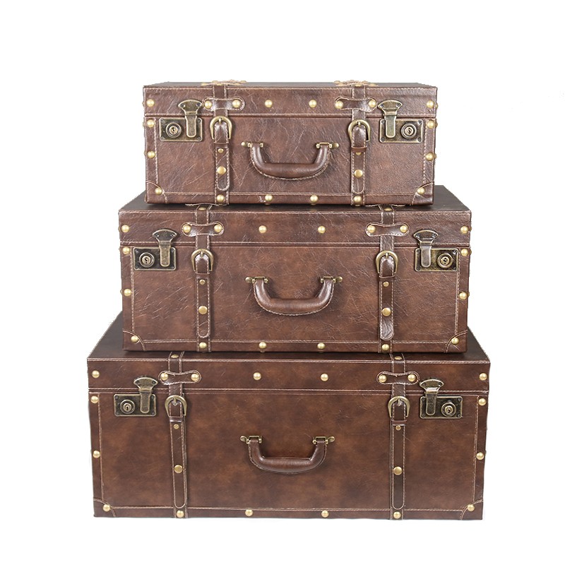 欧式复古大号手提箱收纳箱储物木箱子老式道具皮箱子做旧创意摆件