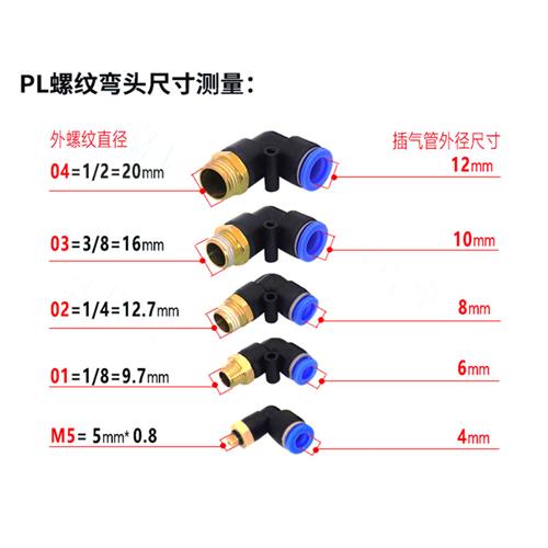 气动快速接头螺纹弯头PL4-M5/8-02/10-03/16-04气管快插对插6mm管