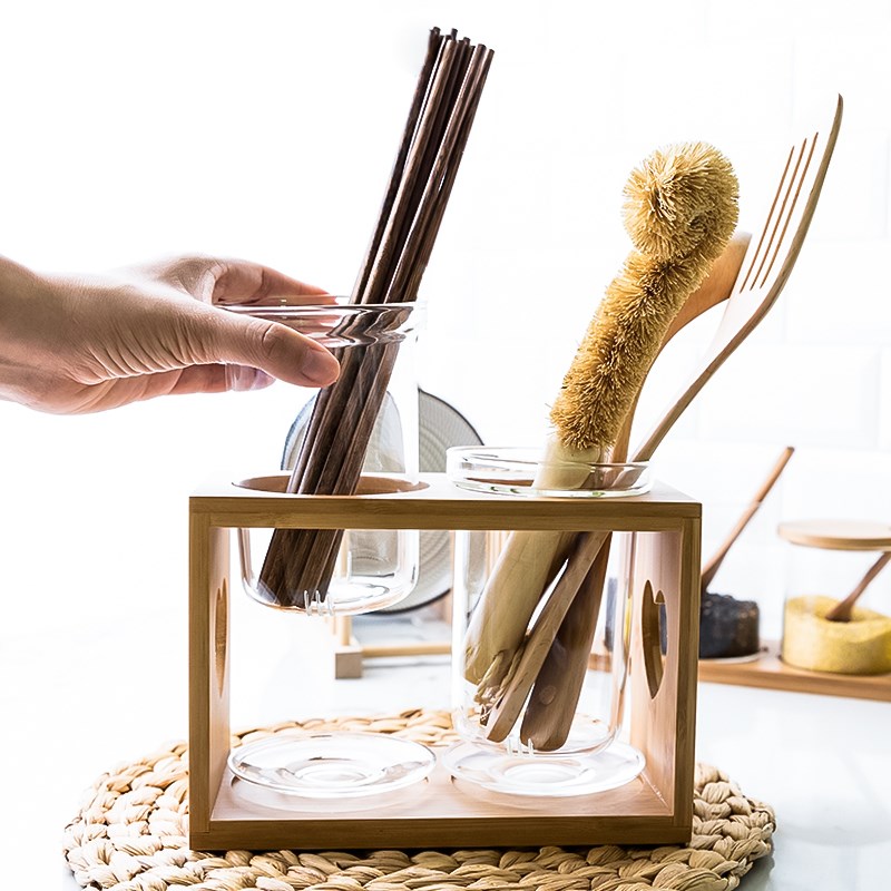家用厨房双筒玻璃筷子木筒笼创意陶瓷置物架餐桌刀叉沥水架收纳盒