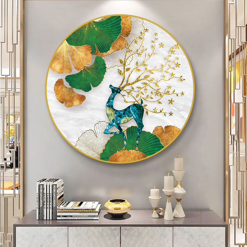 新品轻奢客厅装饰画北欧麋鹿沙发背景墙圆形创意壁画大气玄关餐厅图片