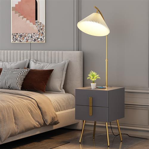 跃发美式百褶客厅沙发旁边置物落地灯北欧卧室床头柜一体实木抽屉