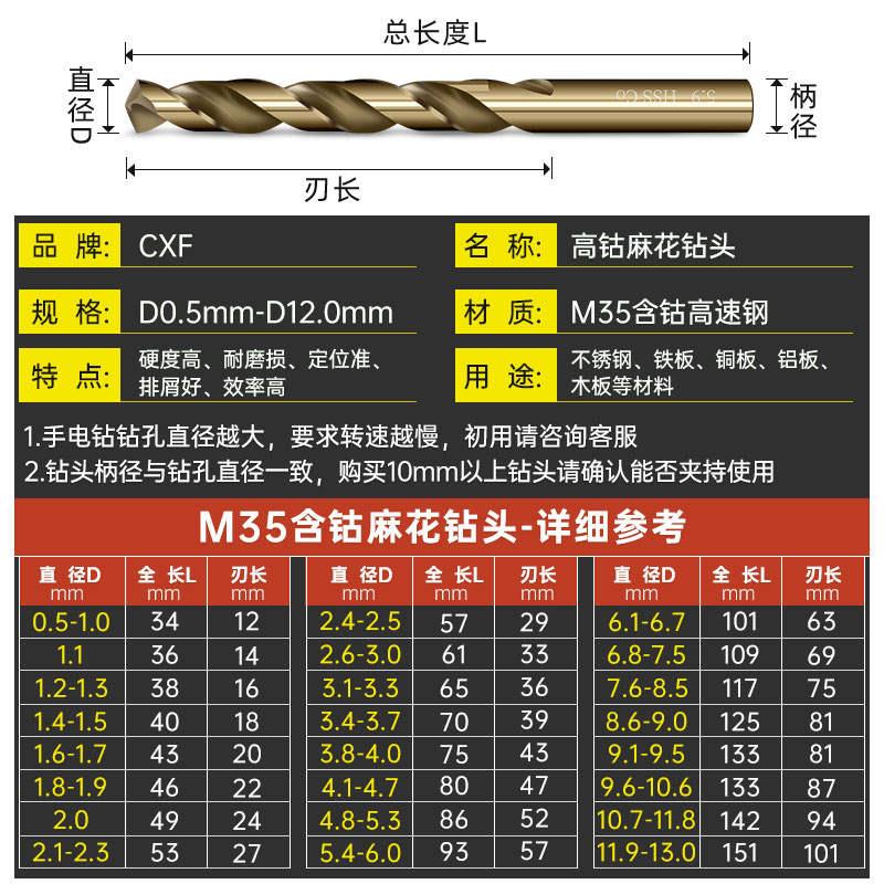M35含钴麻花钻头不锈钢专用超硬转头7.0-7.9mm电钻头钢铁铝合金