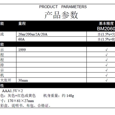 深圳滨江钳形漏电流表BM2060数字微电流(漏电流)钳形表20mA~60A