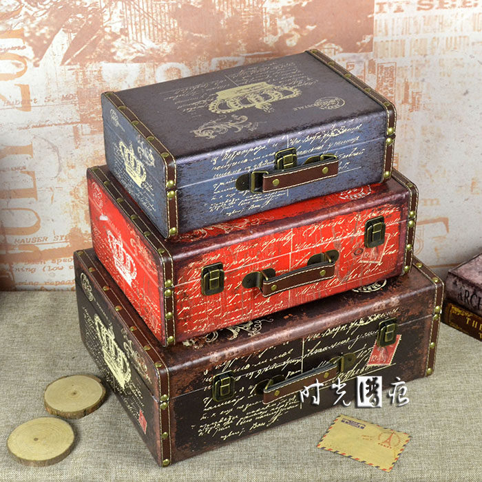 极速新品复古手提箱美式木质防水皮革箱子家居收纳影楼橱窗道具箱