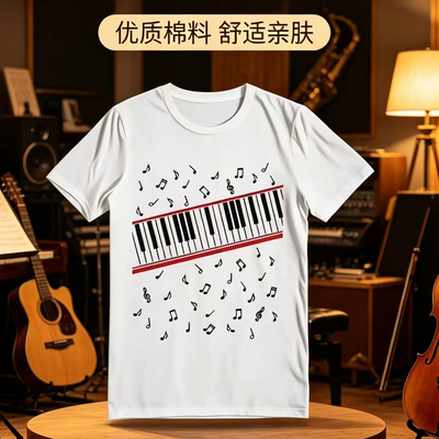 欧美风Michael Jackson同款Beat It钢琴印花短袖男女复古白色T恤