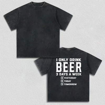 美式水洗做旧短袖 I ONLY DRINK BEER 啤酒复古宽松情侣 T 恤男女