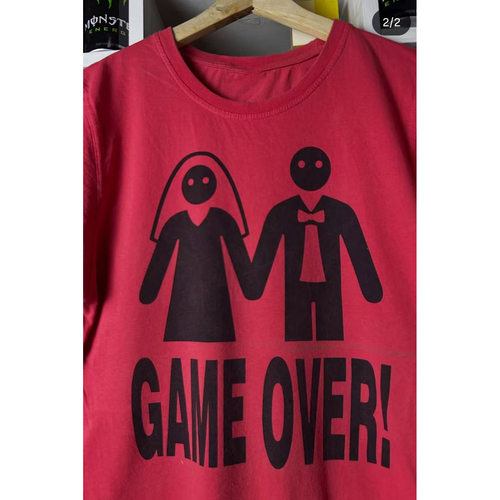 美式趣味结婚印花短袖男女 GAME OVER 婚礼搞怪文字酒红色T恤夏季