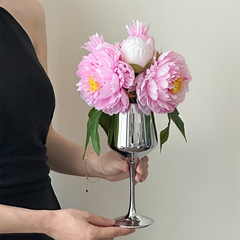 速发插式高脚玻璃花瓶厅客法花芍药花假花餐桌花艺套装饰摆件
