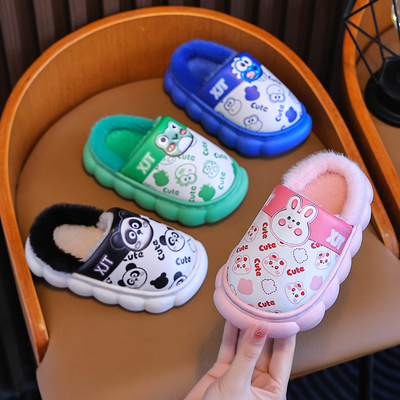 速发童儿棉拖鞋男款冬季新秋保暖pu皮面防水宝宝小孩棉拖鞋防滑