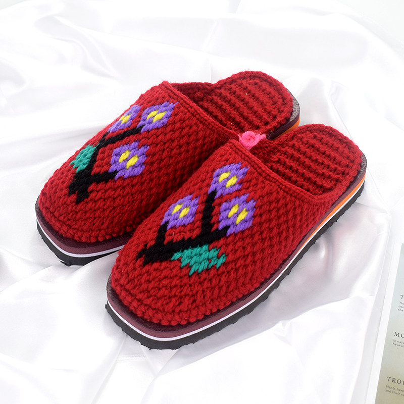 速发孺子牛纯手工毛线拖鞋家居婚嫁毛线拖鞋防滑耐磨婚嫁鞋勾拖鞋