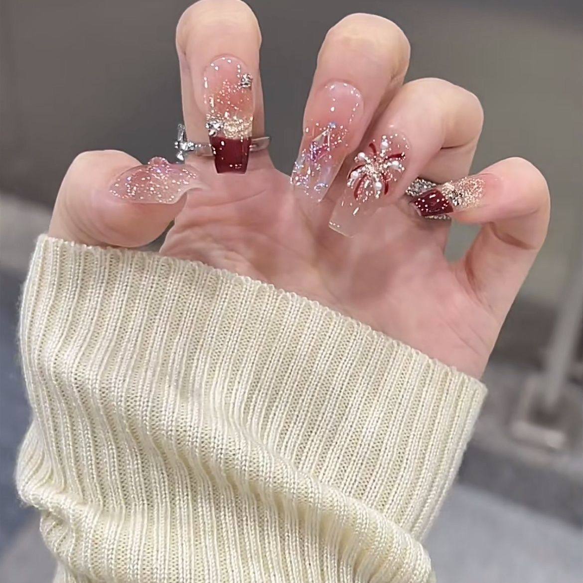 烟花新年秋冬纯手工中长款穿戴美甲新款猫眼高级气质可拆卸显白,彩妆/香水/美妆工具,美甲工具,淘宝优惠券,粉丝福利购,淘宝优惠卷