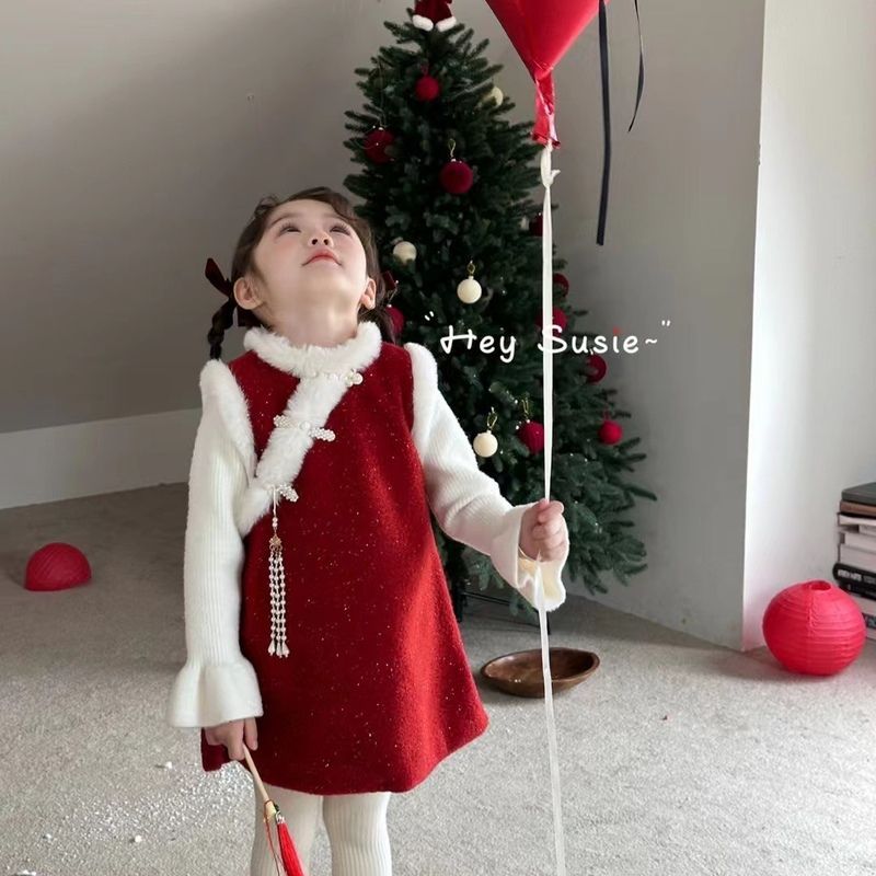 女童旗袍拜年服旗袍裙背心秋冬加厚宝宝加绒中国连衣裙裙子公主裙