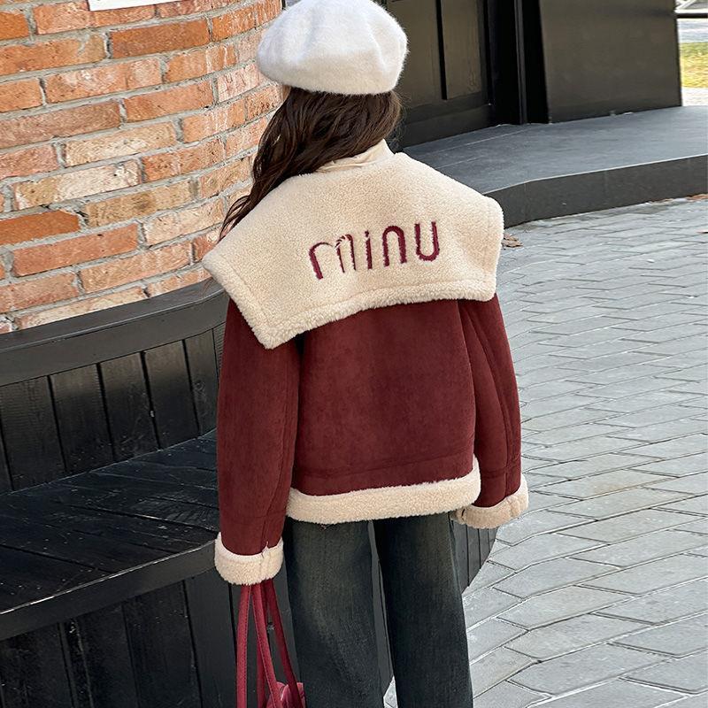 安可拉红女童皮毛一体外套秋冬装2024新款女孩加绒加厚上衣机车服